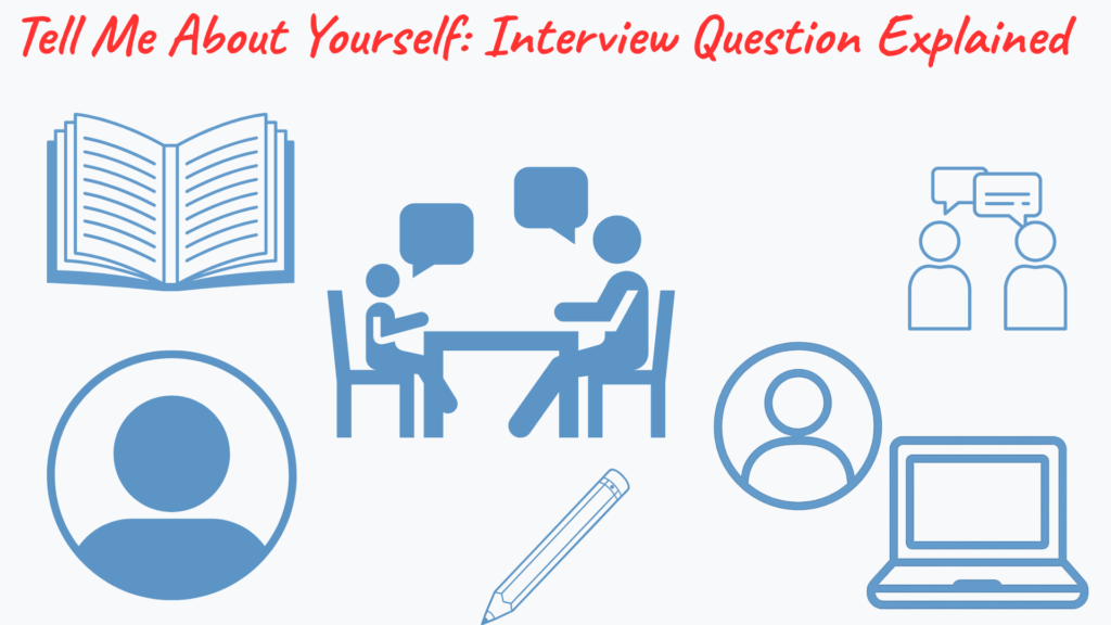 Job interview illustration showing a candidate answering the Tell Me About Yourself interview question in a professional office setting